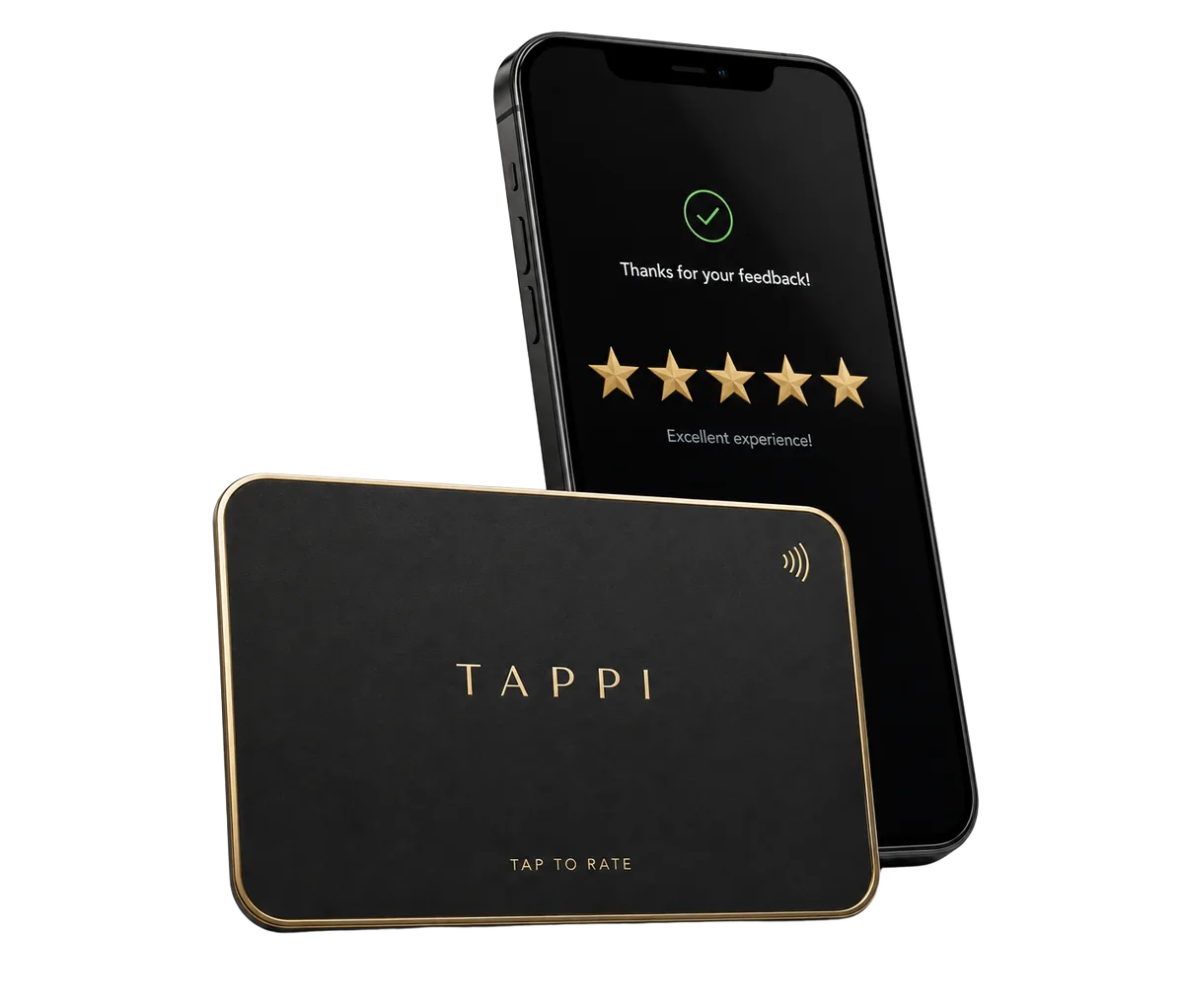 Glossy Tappi card tapping a phone with a five-star review screen